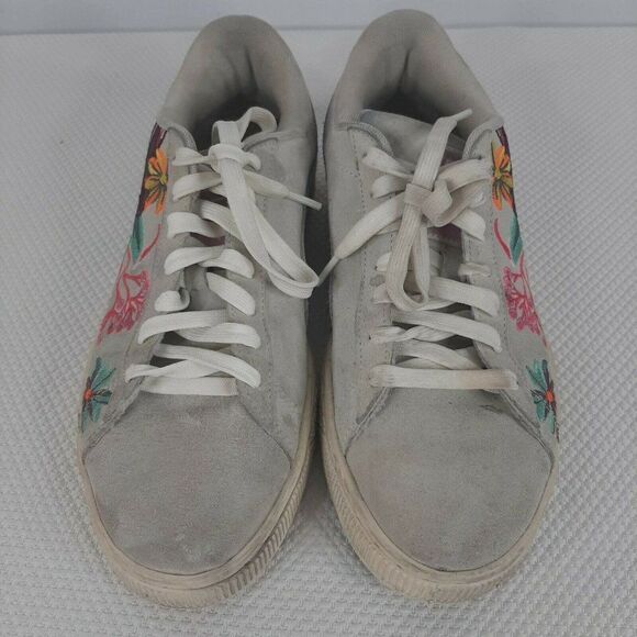 Puma Suede Velvet Hyper EMB Floral Embroidered Sneakers Womens 9.5 Lt Gray - Picture 3 of 10